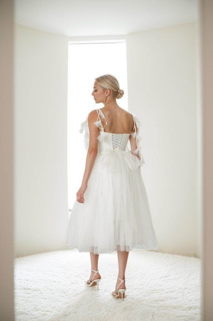 A-Line Tea Length Glitter Tulle Wedding Dress CW3410 - COCOMELODY