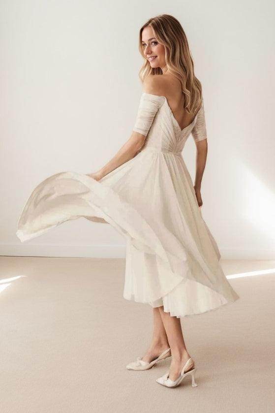 A-Line Tea Length Lace Chiffon Wedding Dress CW3431 - COCOMELODY