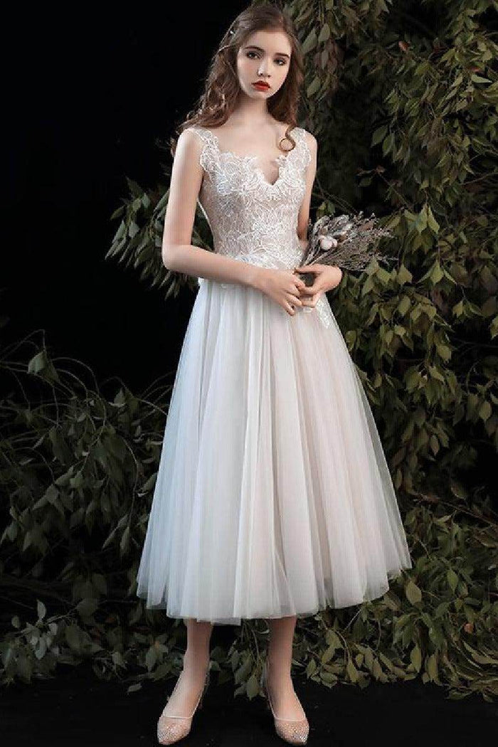 A-Line Tea Length Lace Tulle Wedding Dress 679197245061 - COCOMELODY