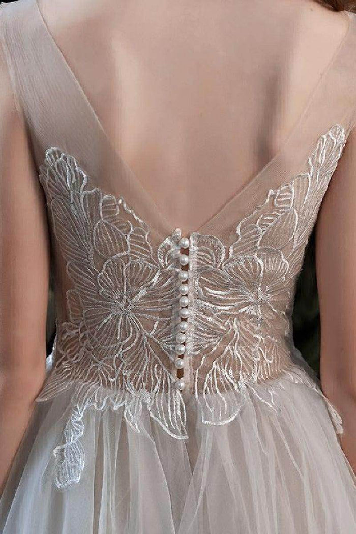 A-Line Tea Length Lace Tulle Wedding Dress 679197245061 - COCOMELODY