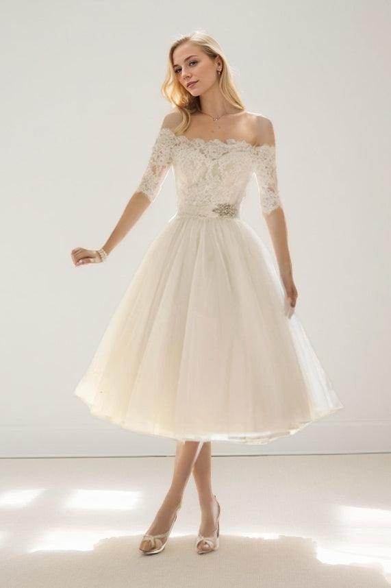A-Line Tea Length Lace Tulle Wedding Dress CW3428 - COCOMELODY