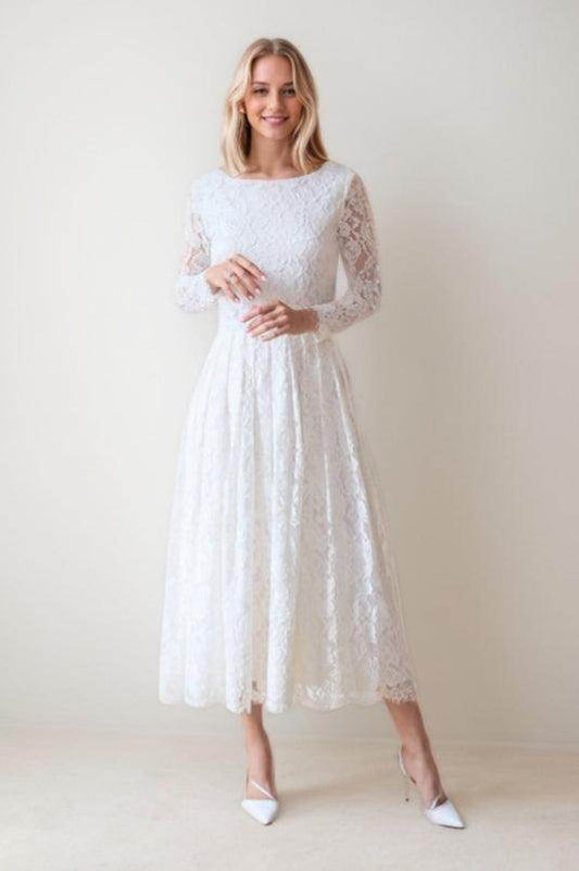 A-Line Tea Length Lace Wedding Dress CW3423 - COCOMELODY