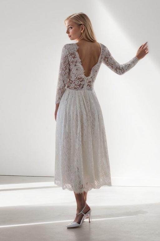 A-Line Tea Length Lace Wedding Dress CW3423 - COCOMELODY