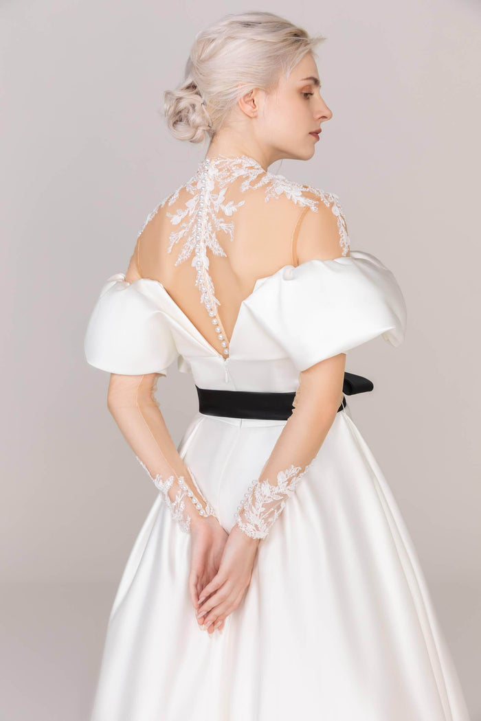 A-Line Tea Length Satin Tulle Wedding Dress CW2459 - COCOMELODY