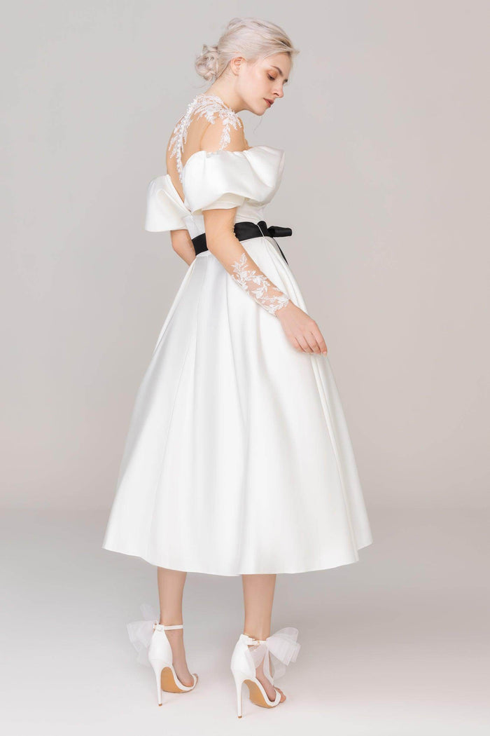 A-Line Tea Length Satin Tulle Wedding Dress CW2459 - COCOMELODY