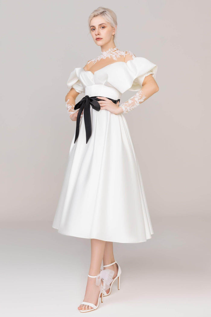 A-Line Tea Length Satin Tulle Wedding Dress CW2459 - COCOMELODY