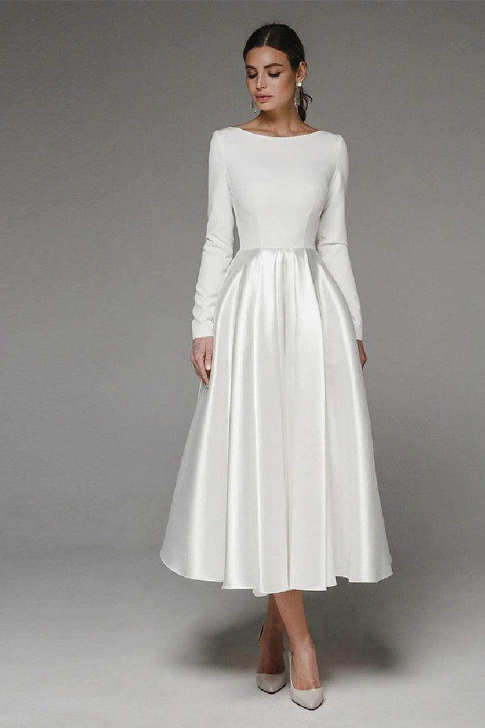 A-Line Tea Length Satin Wedding Dress 745249926431 - COCOMELODY