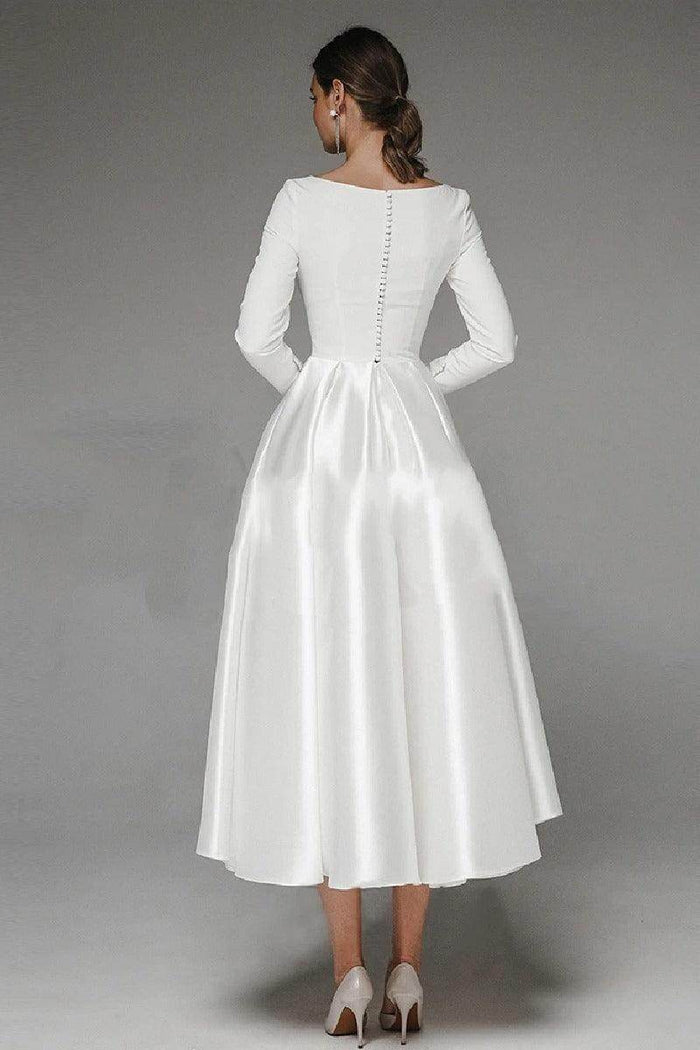 A-Line Tea Length Satin Wedding Dress 745249926431 - COCOMELODY