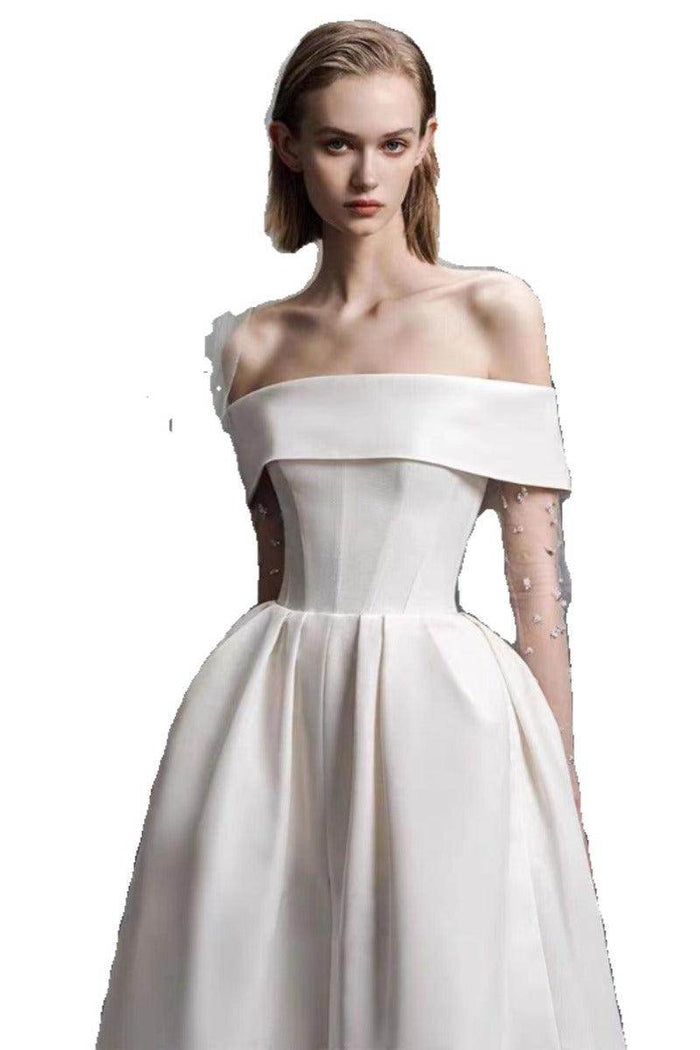 A-Line Tea Length Satin Wedding Dress 796475057645 - COCOMELODY