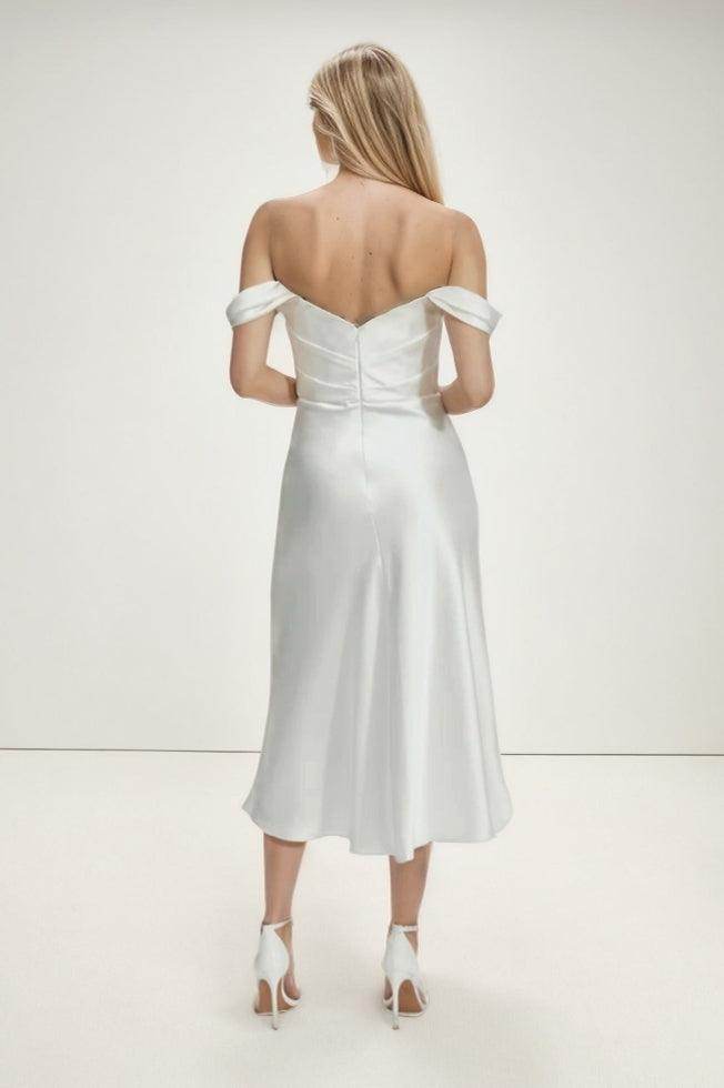 A-Line Tea Length Satin Wedding Dress CW3420 - COCOMELODY