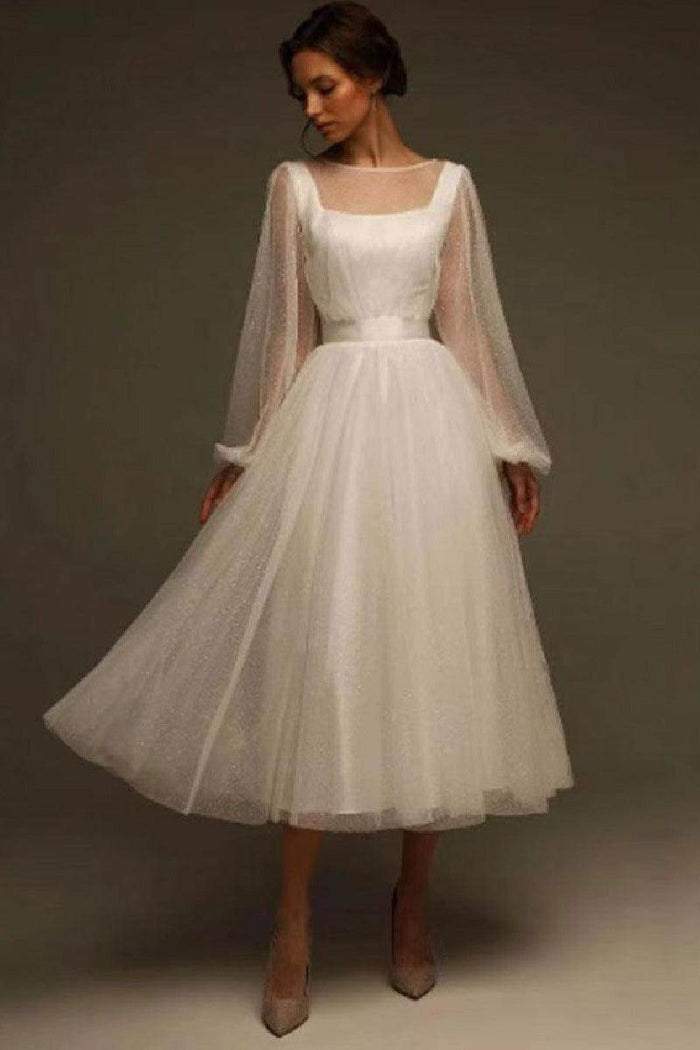 A-Line Tea Length Tulle Wedding Dress 857895271881 - COCOMELODY