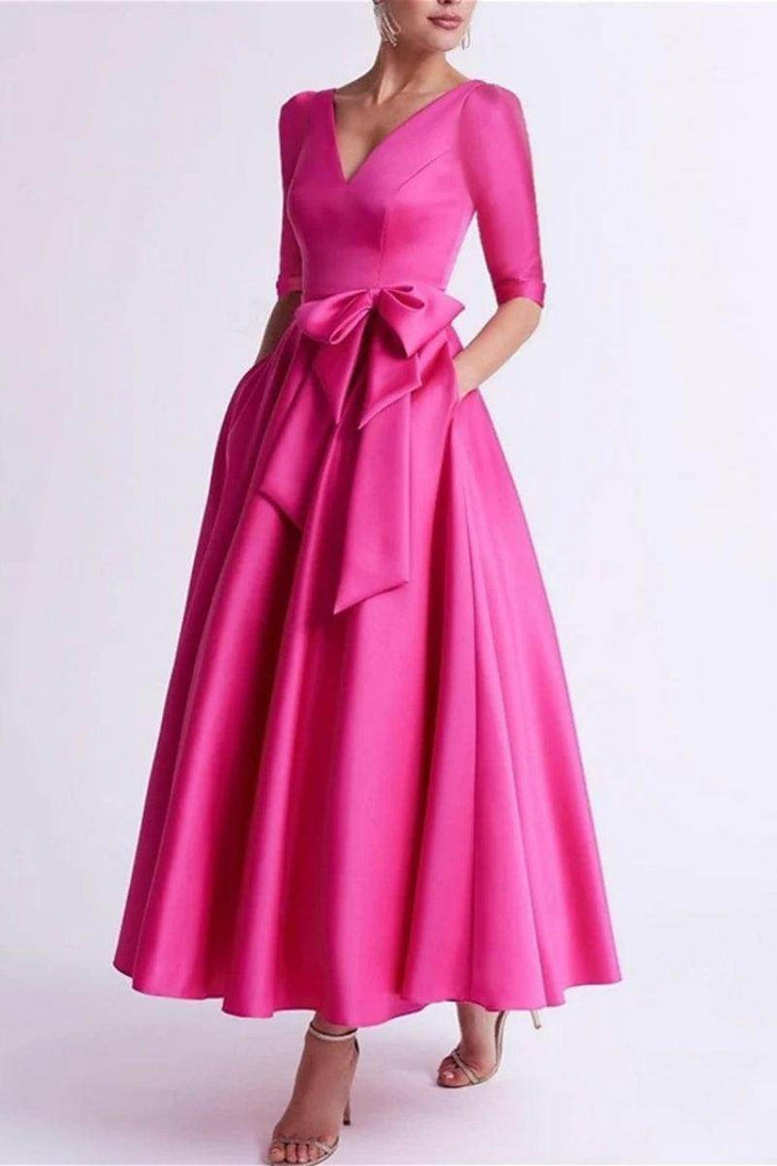 A Line V Neck 3/4 Length Sleeve Tea Length Satin Mother Dresses CM0344 - COCOMELODY