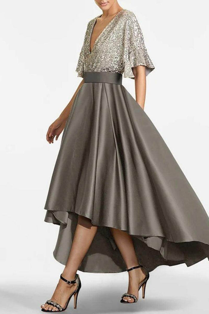 A Line V Neck Half Sleeves Asymmetrical Mother of the Bride Dresses CM0356 - COCOMELODY