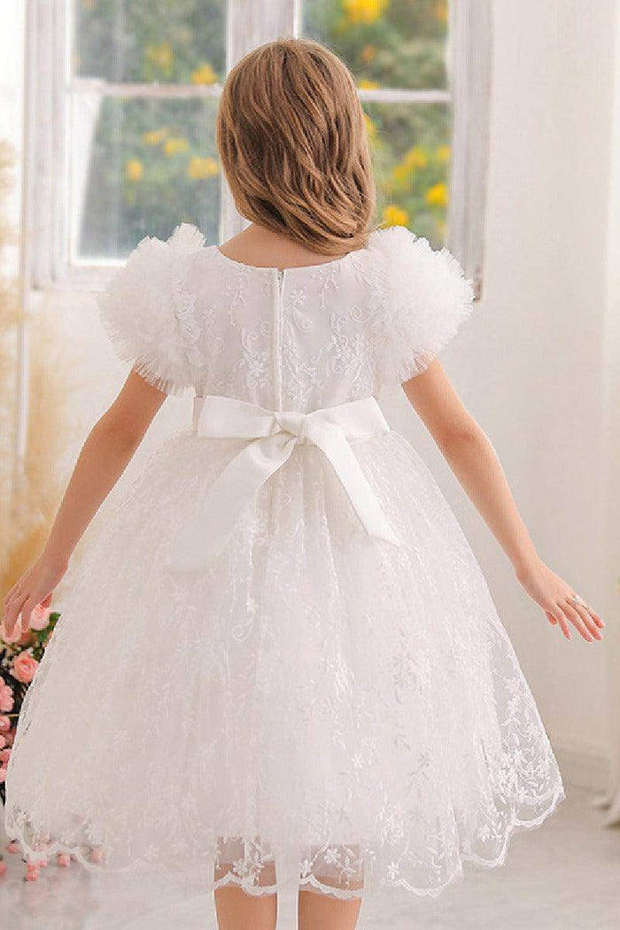A-line/Princess Scoop Neck Knee-Length Lace Flower Girl Dress With Bowknot 769937282891 - COCOMELODY