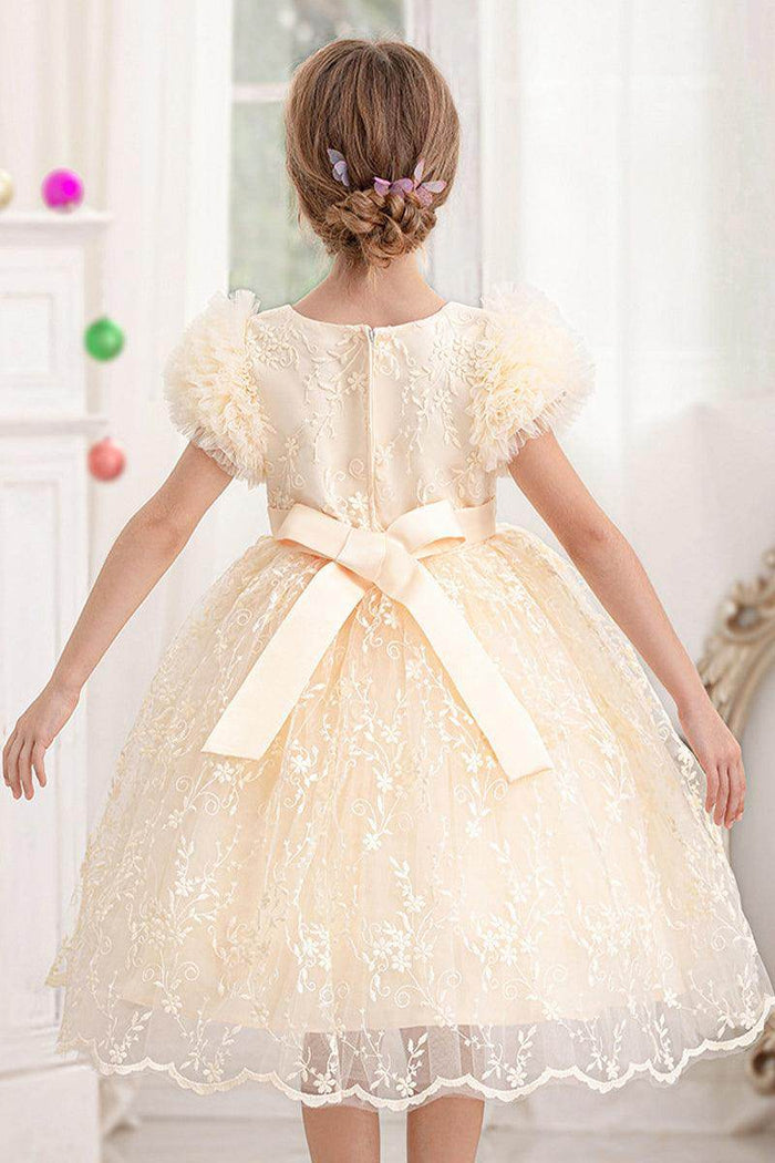 A-line/Princess Scoop Neck Knee-Length Lace Flower Girl Dress With Bowknot 769937282891 - COCOMELODY