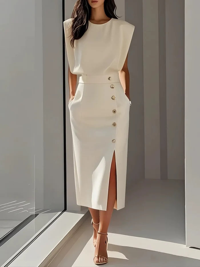 Alexis - Formal Women's Wedding Guest Dress with Padded Shoulders and Gold Button Front Split