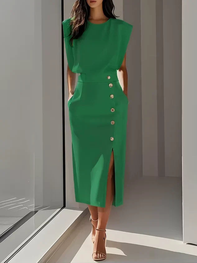 Alexis - Formal Women's Wedding Guest Dress with Padded Shoulders and Gold Button Front Split