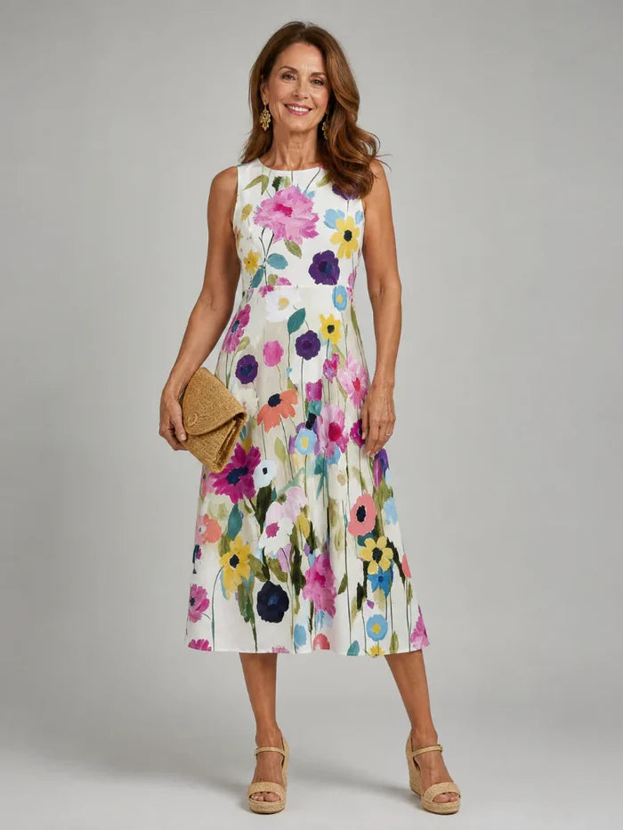 Amelia - Chic Women's Summer Dress with Floral Print and Sleeveless Midi Silhouette