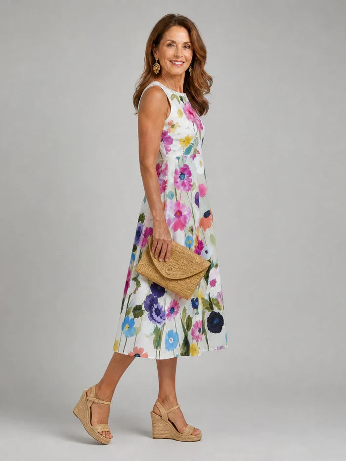 Amelia - Chic Women's Summer Dress with Floral Print and Sleeveless Midi Silhouette