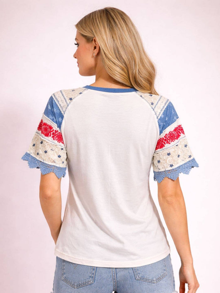 America Eagle Graphic Lace Sleeve Casual T-Shirt