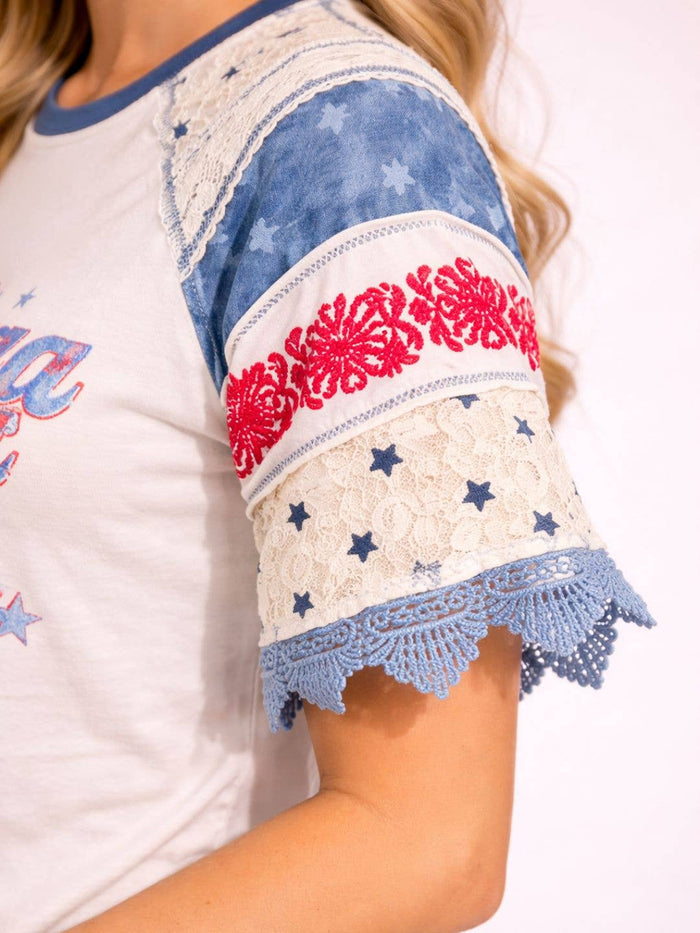 America Eagle Graphic Lace Sleeve Casual T-Shirt