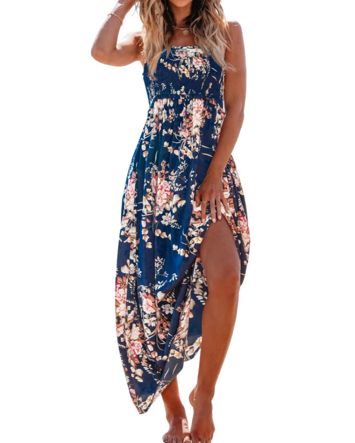 Aria - Boho Women's Strapless Maxi Summer Dress with a Floral Print and Side Slit