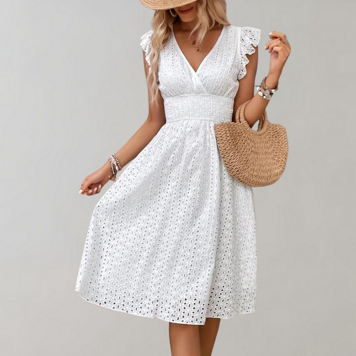 Aria - Elegant Women's Summer Midi Dress with V-Neck and Ruffle Sleeve Detail