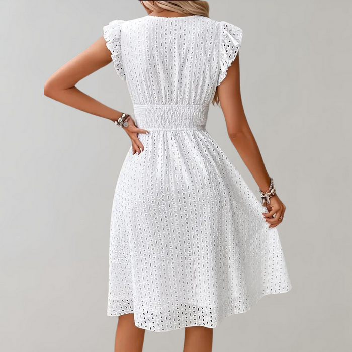 Aria - Elegant Women's Summer Midi Dress with V-Neck and Ruffle Sleeve Detail