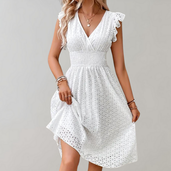 Aria - Elegant Women's Summer Midi Dress with V-Neck and Ruffle Sleeve Detail