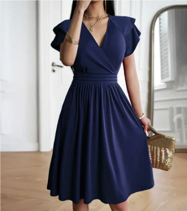 Aria - Elegant Women's Wedding Guest Dress with Ruffle Sleeves and Wrap Neckline