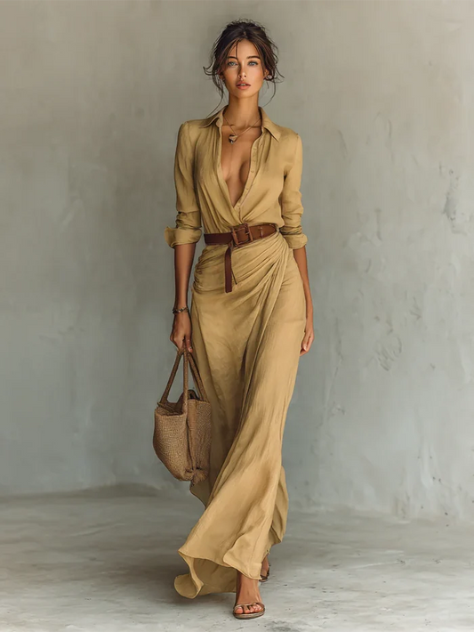 Aria - Flowy Women's Maxi Dress with Deep V-Neck and Belted Waist