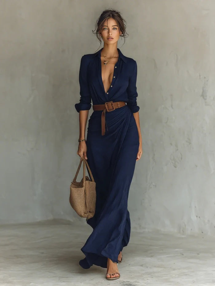 Aria - Flowy Women's Maxi Dress with Deep V-Neck and Belted Waist