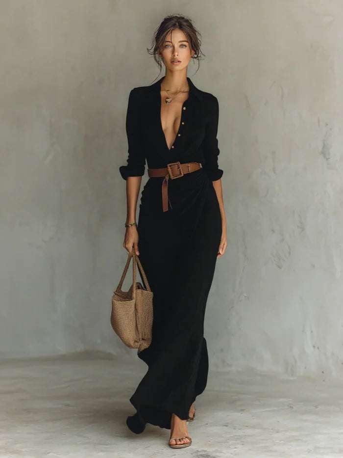 Aria - Flowy Women's Maxi Dress with Deep V-Neck and Belted Waist