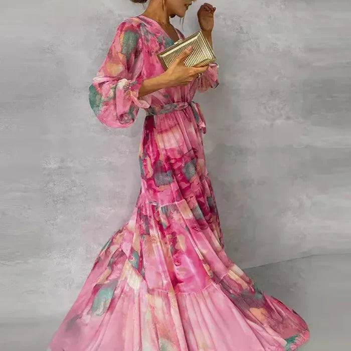 Aria - Flowy Women's Wedding Guest Maxi Dress with Wrap V Neck and Tiered Skirt