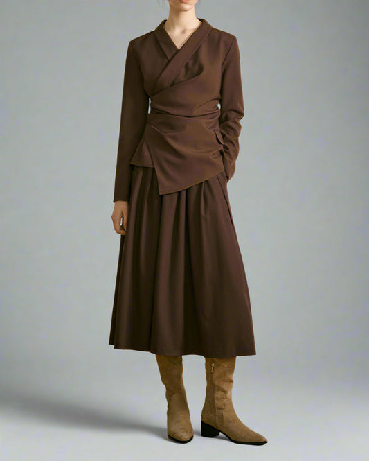 Asymmetrical Draped Blazer Top with V-Neckline - Vancu