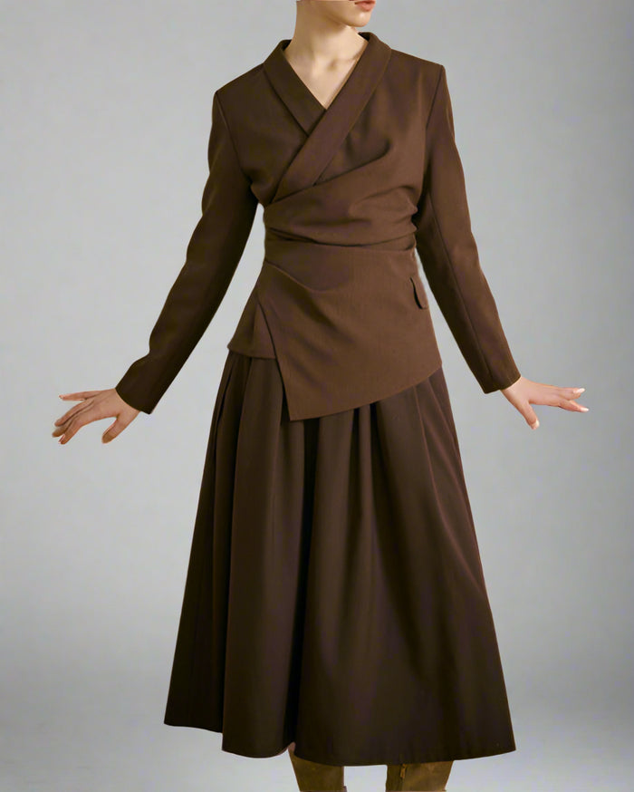 Asymmetrical Draped Blazer Top with V-Neckline - Vancu