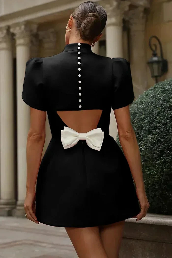 Audrey - Elegant Women's Wedding Guest Mini Dress with High Neck and Puff Sleeves