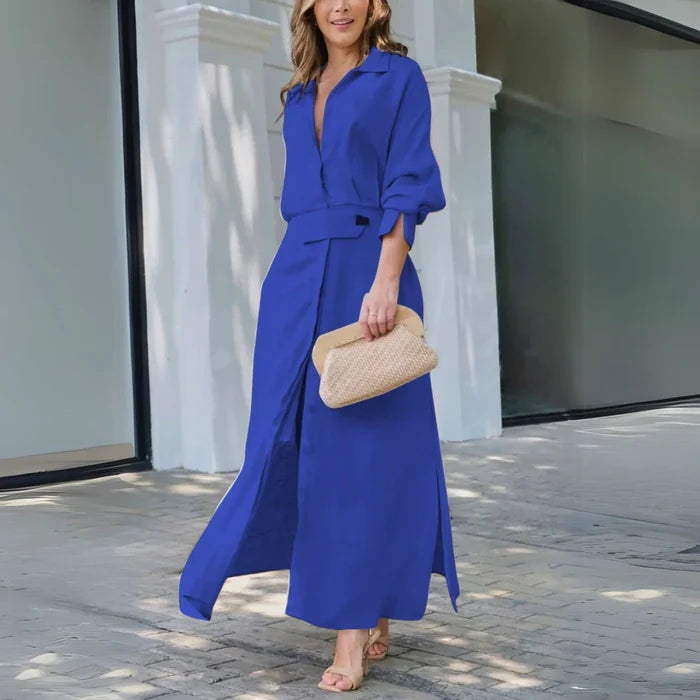 Aurora - Chic Women's Wedding Guest Maxi Dress with Shirt Collar and Belted Waist