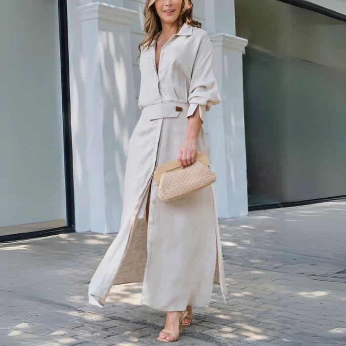 Aurora - Chic Women's Wedding Guest Maxi Dress with Shirt Collar and Belted Waist