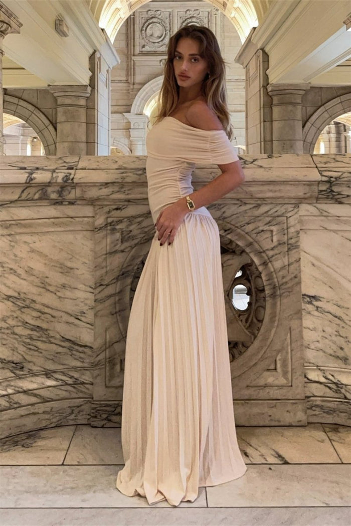 Aurora - Elegant Women's Wedding Guest Dress with Off-Shoulder Neckline and Pleated Maxi Skirt
