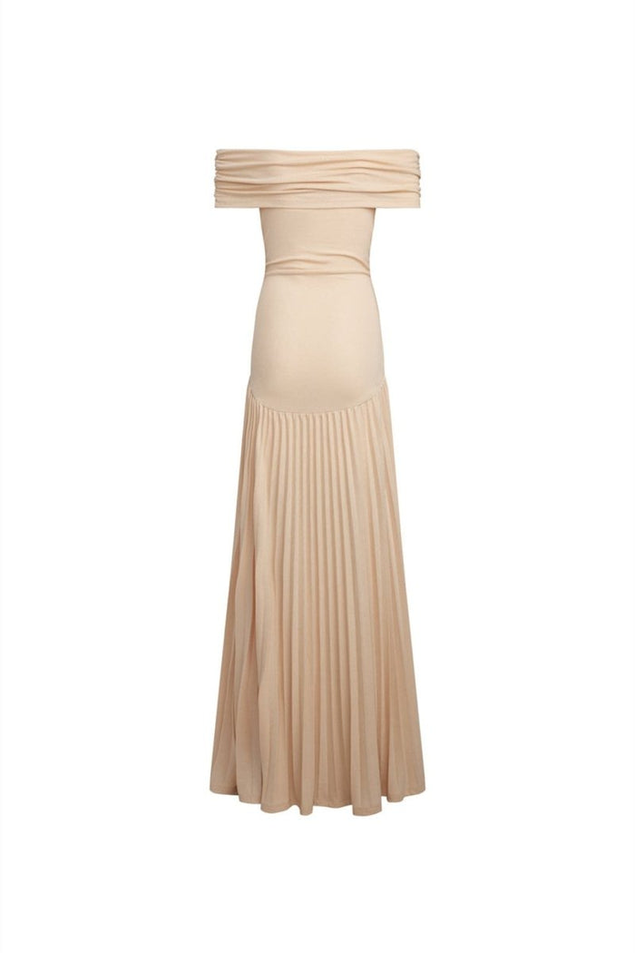 Aurora - Elegant Women's Wedding Guest Dress with Off-Shoulder Neckline and Pleated Maxi Skirt