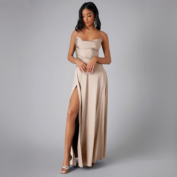 Ava - Elegant Women's Wedding Guest Maxi Dress with Cowl Neck and Thigh Split