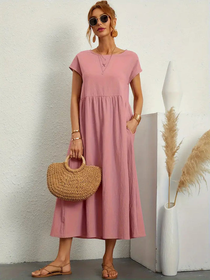 Ava - Flowy Women's Summer Midi Dress with Short Sleeves and Side Pockets