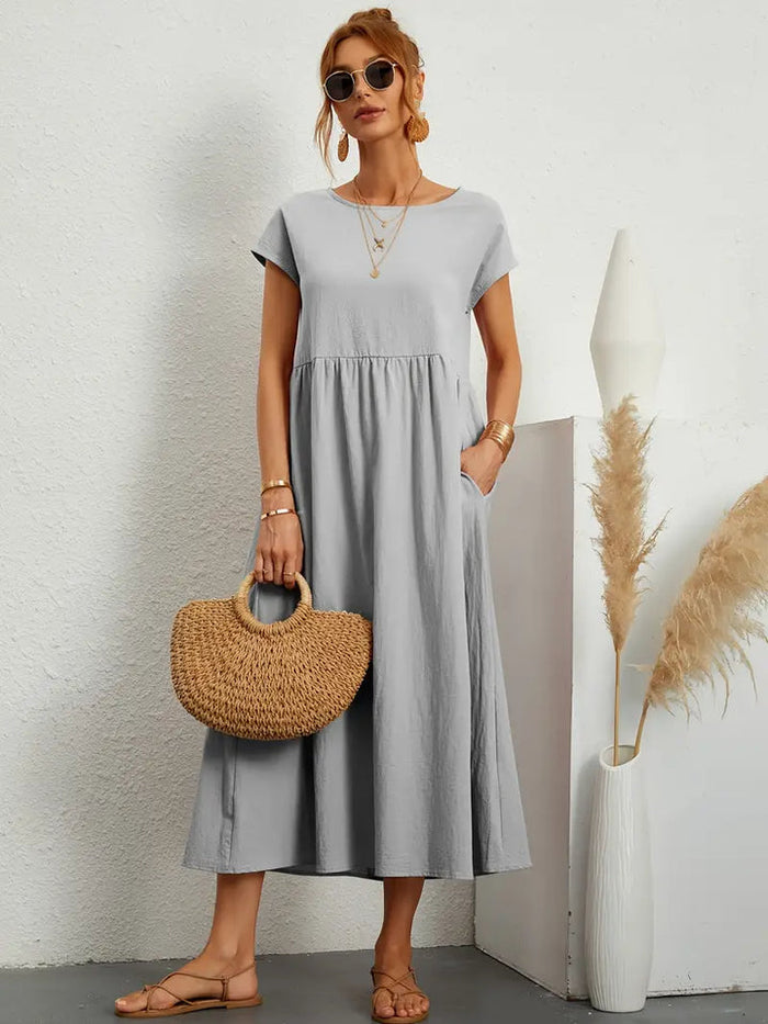 Ava - Flowy Women's Summer Midi Dress with Short Sleeves and Side Pockets
