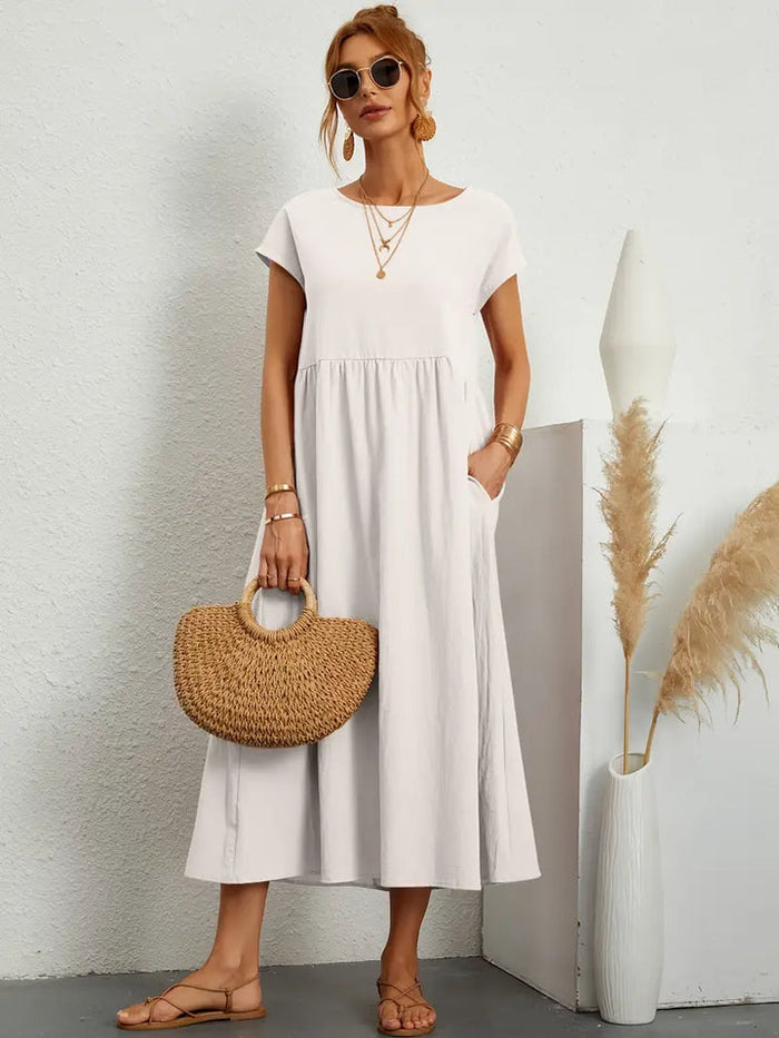 Ava - Flowy Women's Summer Midi Dress with Short Sleeves and Side Pockets