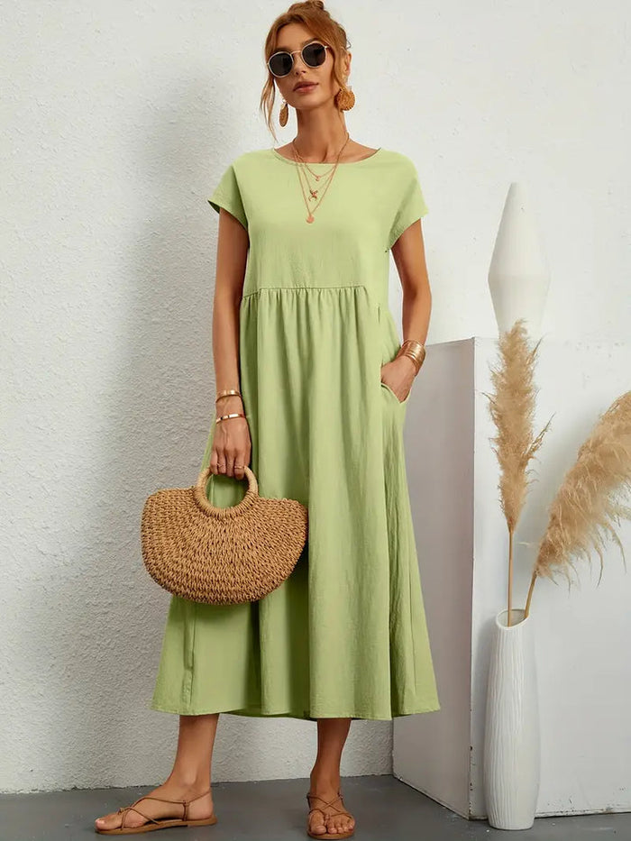 Ava - Flowy Women's Summer Midi Dress with Short Sleeves and Side Pockets