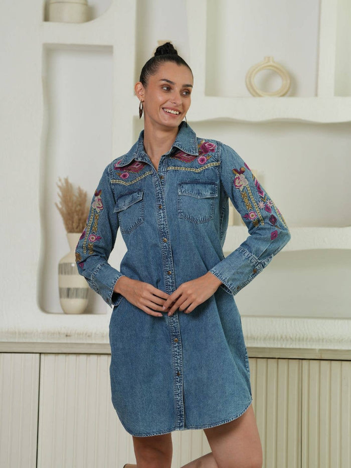 Avani Del Amour - Selena Embroidered Denim Shirt Dress: Ruby Gold