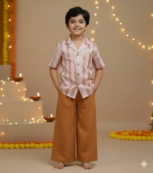 Baby Pink Multi-Color Lurex Boys Shirt & Pants Set