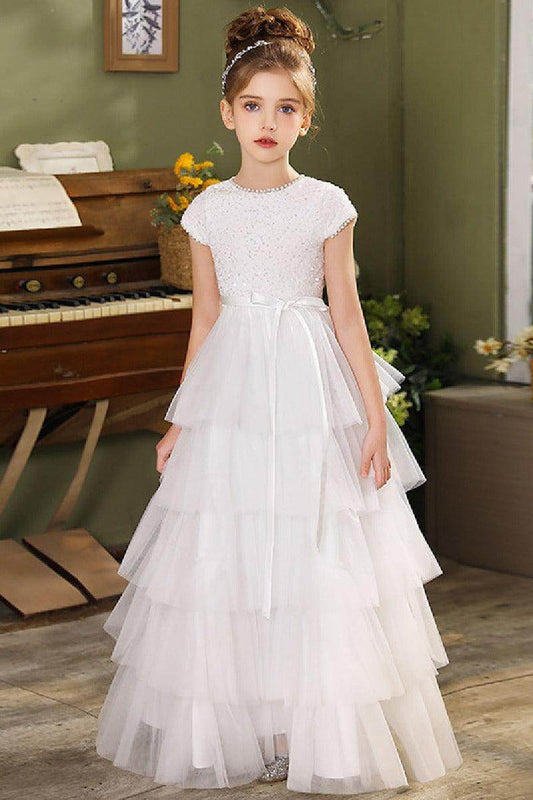Ball-Gown Jewel Tulle/Sequined Maxi Flower Girl Dresses With Ruffle 820077667678 - COCOMELODY