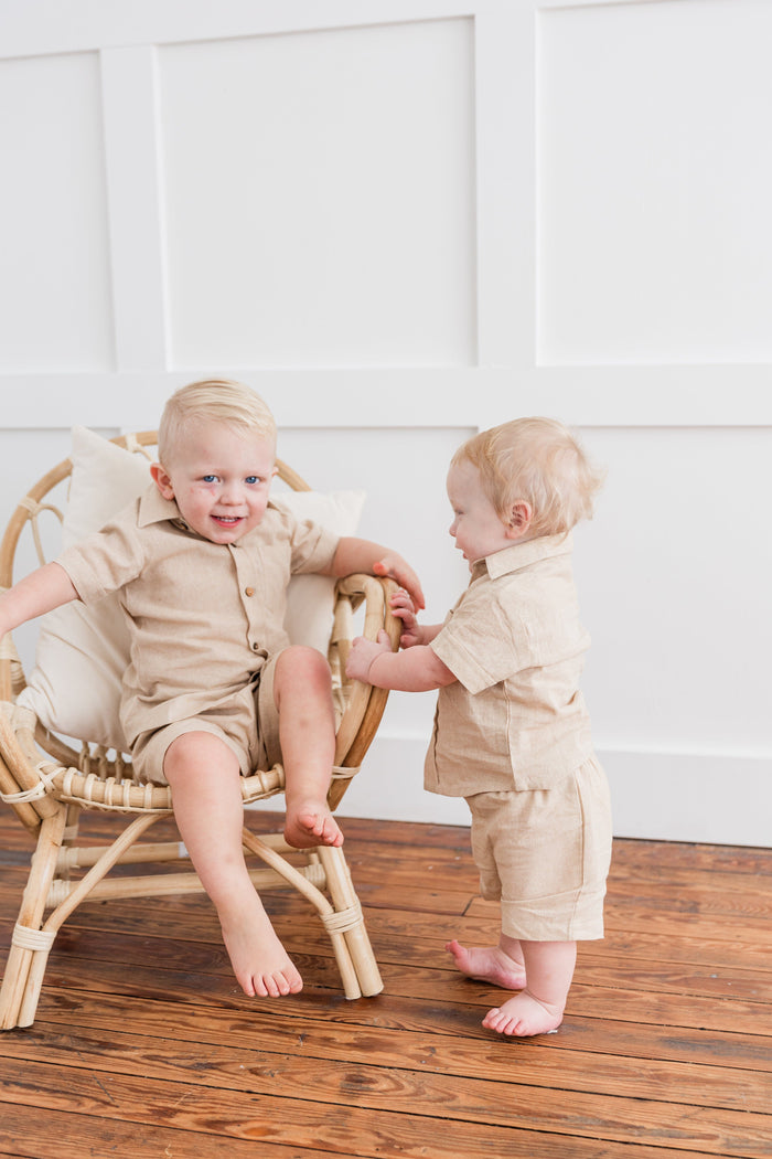 Beige Chambray Boys Shirt & Shorts set Shirt-Shorts Yo Baby India